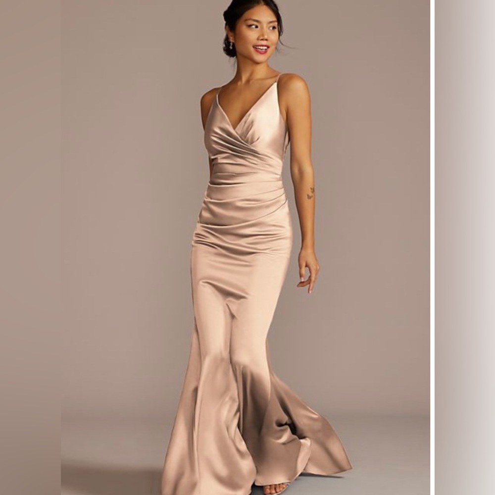 Galina signature satin spaghetti strap mermaid bridesmaid dress